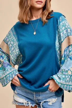 Floral Print Color Block Balloon Sleeve Top- Teal Green Floral Print Color Block Balloon Sleeve Top- Teal Green