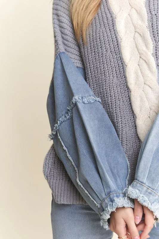 FRAYED DENIM SLEEVE COLORBLOCK SWEATER TOP - GREY
