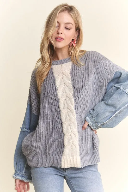 FRAYED DENIM SLEEVE COLORBLOCK SWEATER TOP - GREY