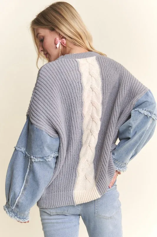 FRAYED DENIM SLEEVE COLORBLOCK SWEATER TOP - GREY