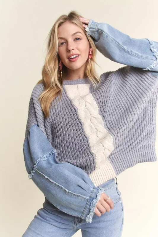 FRAYED DENIM SLEEVE COLORBLOCK SWEATER TOP - GREY