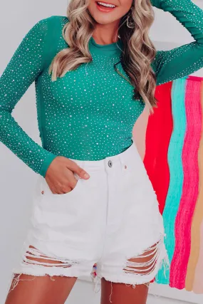 Green Rhinestone O-neck Long Sleeve Bodysuit Green Rhinestone O-neck Long Sleeve Bodysuit