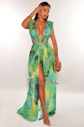 Green Tropical Print Plunge Studded Maxi Skirt Two Piece Set Green Tropical Print Plunge Studded Maxi Skirt Two Piece Set