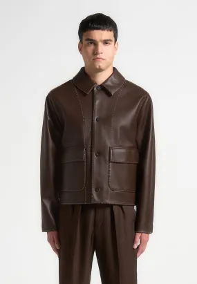 Leather Contrast Stitch Jacket - Brown Leather Contrast Stitch Jacket - Brown