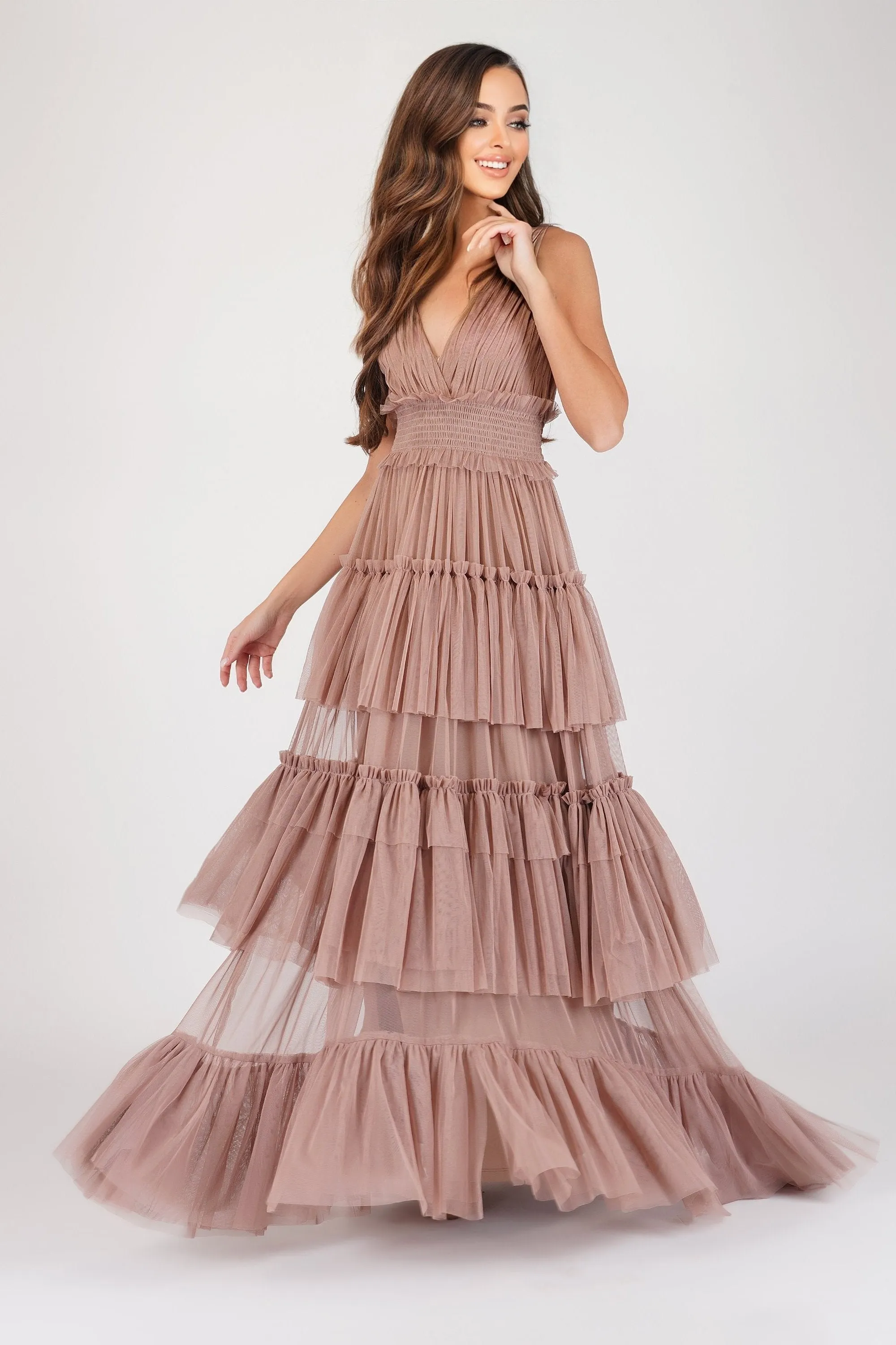 Luna Mink Tulle Plunge Maxi Dress