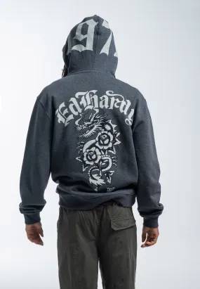 Mens Dragon Rose Zip Through Hoodie - Charcoal Marl Mens Dragon Rose Zip Through Hoodie - Charcoal Marl