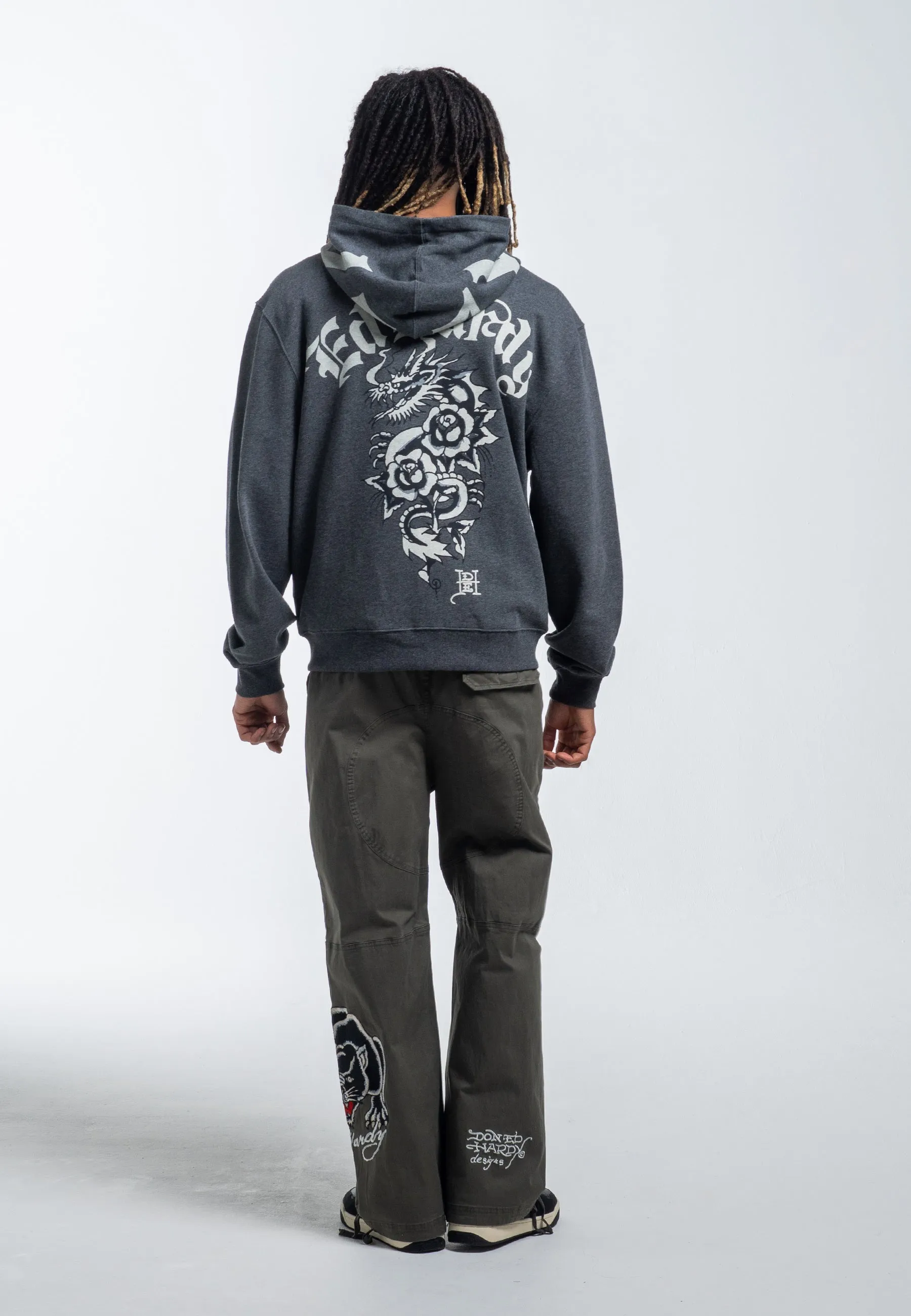 Mens Dragon Rose Zip Through Hoodie - Charcoal Marl