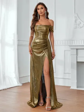 Off Shoulder Ruched Front Draped Side Metallic Party Dress Off Shoulder Ruched Front Draped Side Metallic Party Dress