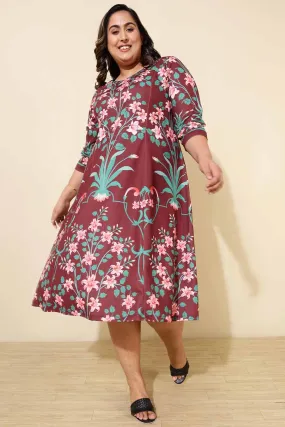 Plus Size Maroon Green Floral A Line Dress