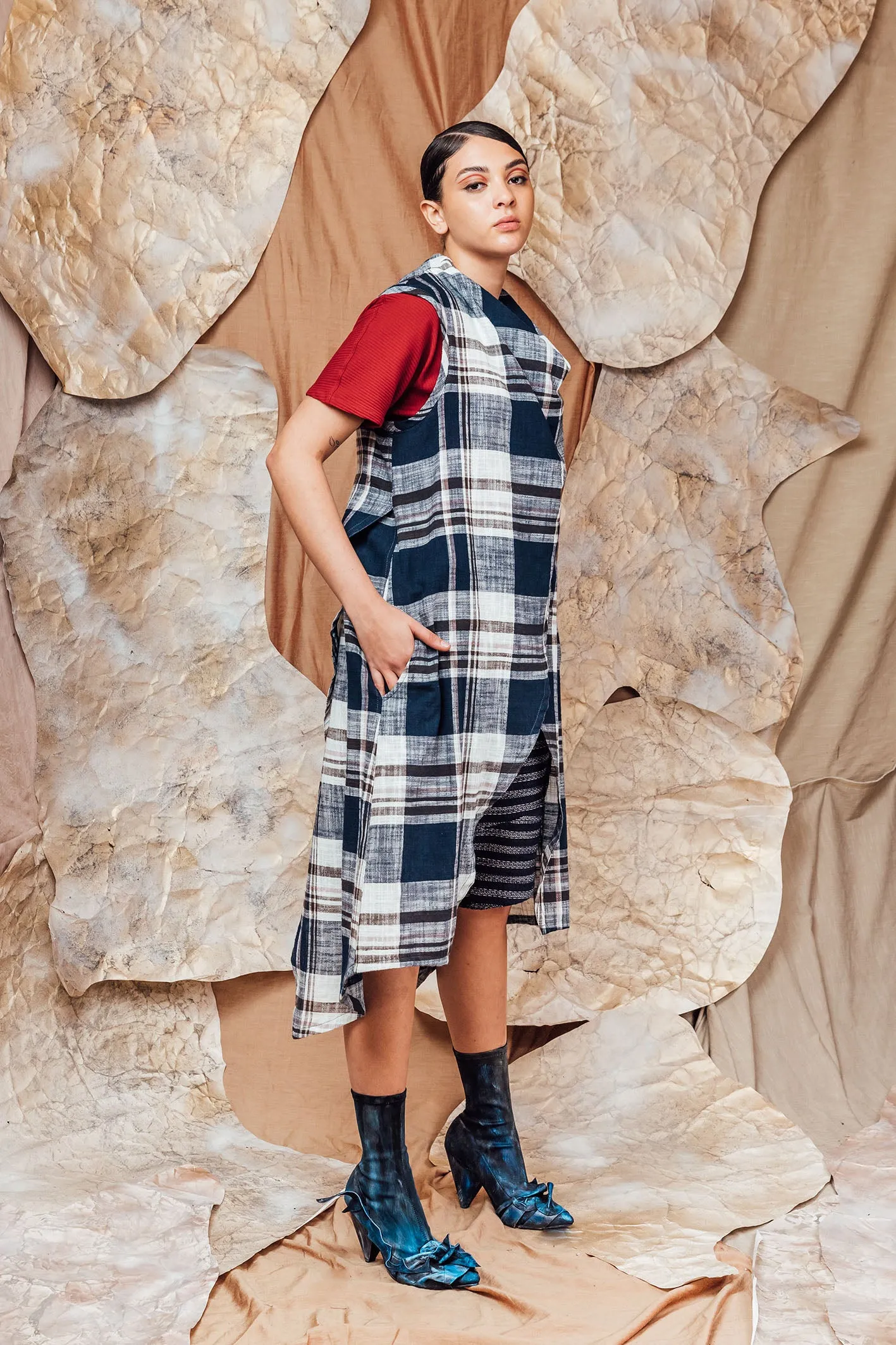 SL23 ISSA DRAPE VEST - MADRAS CHECK