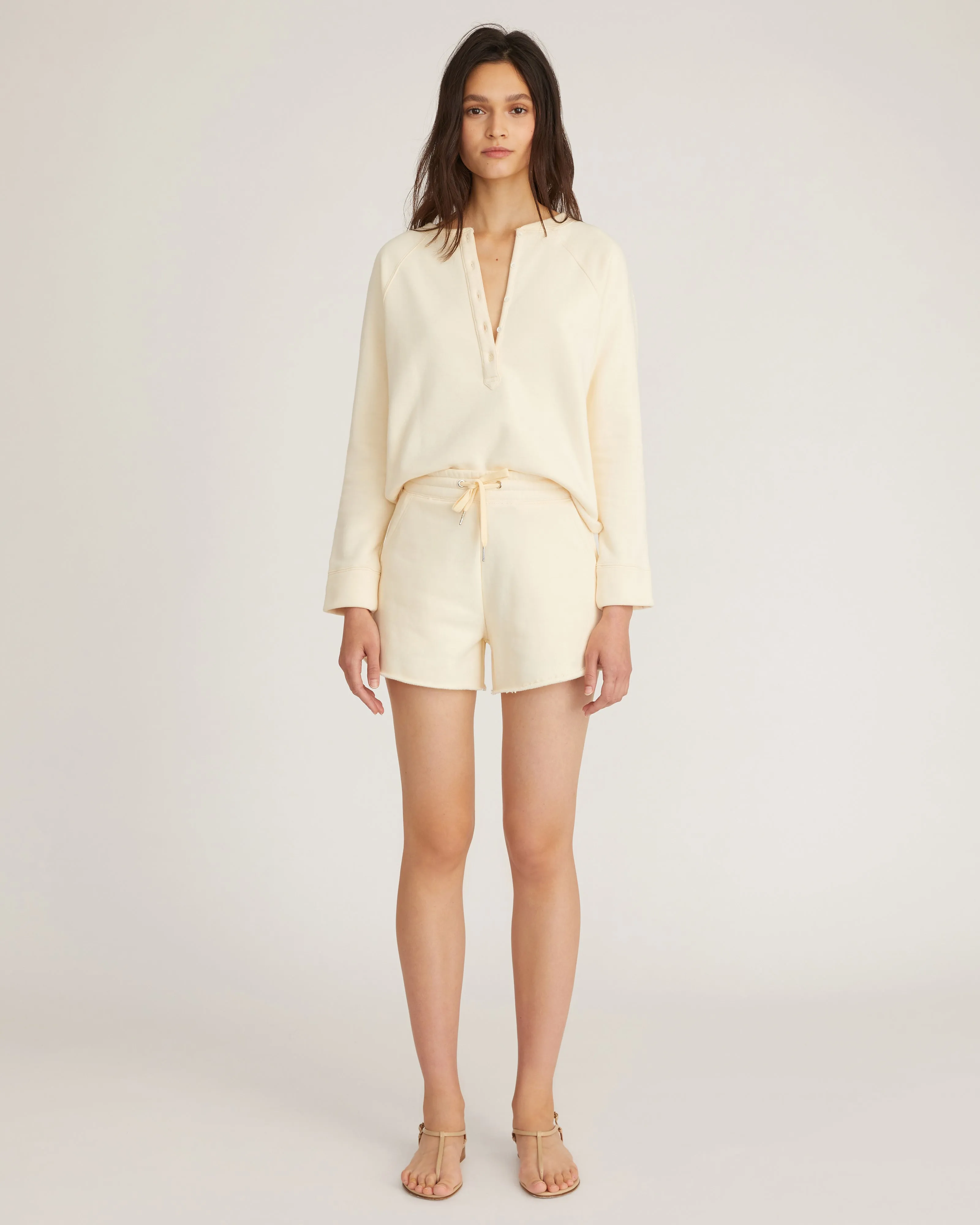 So Uptight French Terry Shrunken Plunge Henley Sweatshirt in Limoncello