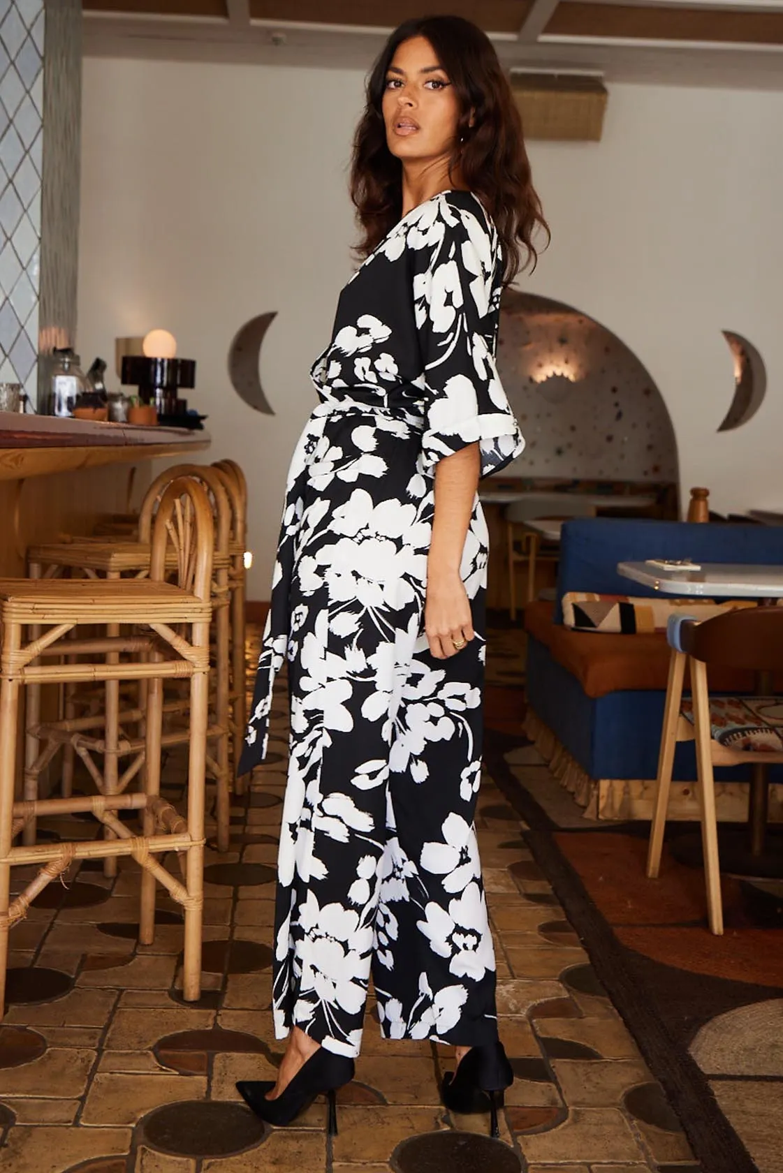 Winona Kimono Jumpsuit In White On Black Floral