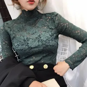 Women Long Sleeve Lace Blouses High Collar Inner Wear Lace Crochet Shirt Base Tunic Top Perspective Vintage Bottom Blouse Women Long Sleeve Lace Blouses High Collar Inner Wear Lace Crochet Shirt Base Tunic Top Perspective Vintage Bottom Blouse