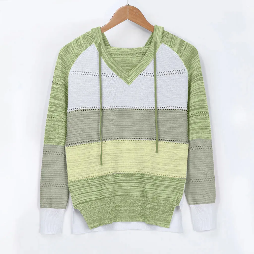 Women's Big Size Autumn Winter Hooded Sweater – Hook Flower Hollow V-Neck Knit Sweater, Fashionable All-In-One Top