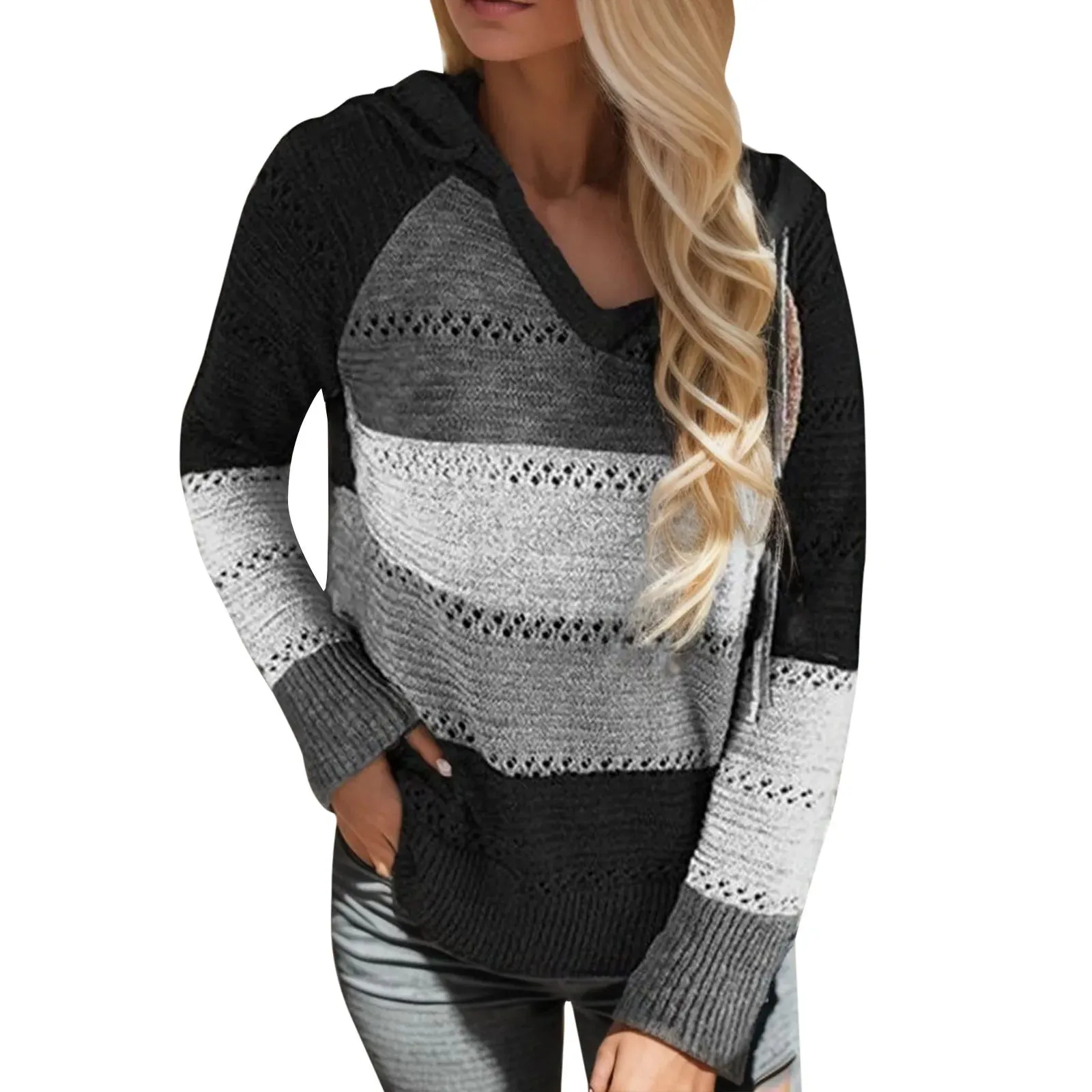 Women's Big Size Autumn Winter Hooded Sweater – Hook Flower Hollow V-Neck Knit Sweater, Fashionable All-In-One Top