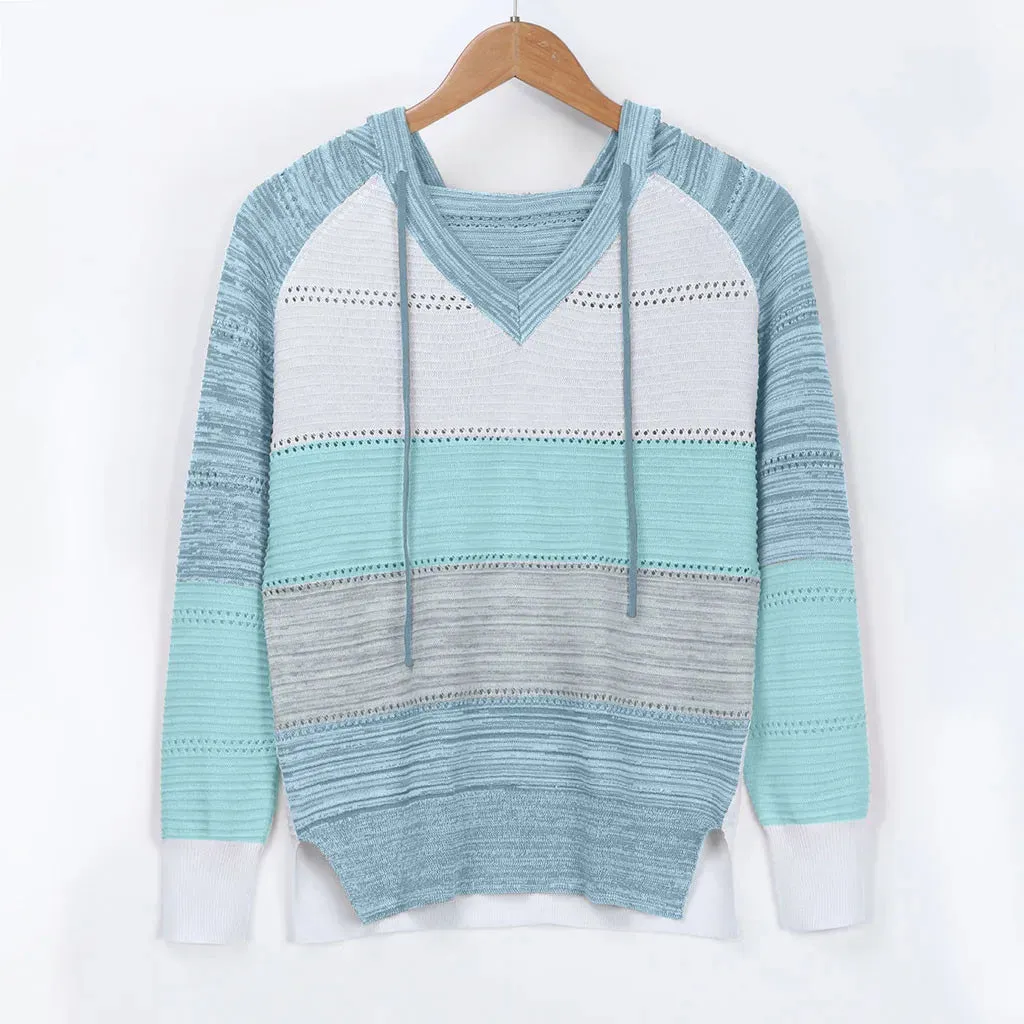 Women's Big Size Autumn Winter Hooded Sweater – Hook Flower Hollow V-Neck Knit Sweater, Fashionable All-In-One Top