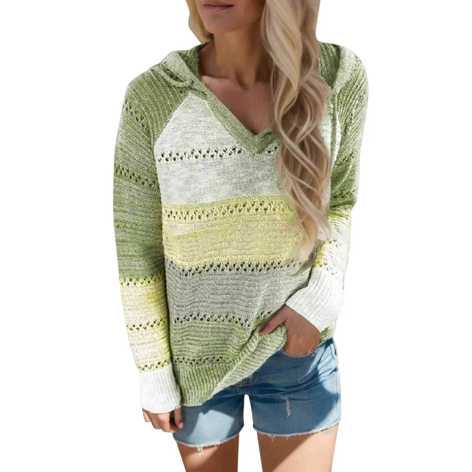 Women's Big Size Autumn Winter Hooded Sweater – Hook Flower Hollow V-Neck Knit Sweater, Fashionable All-In-One Top