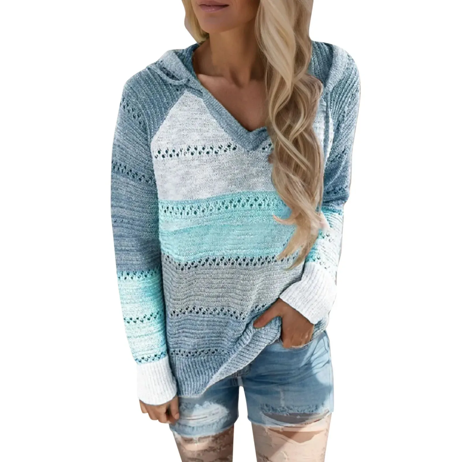 Women's Big Size Autumn Winter Hooded Sweater – Hook Flower Hollow V-Neck Knit Sweater, Fashionable All-In-One Top