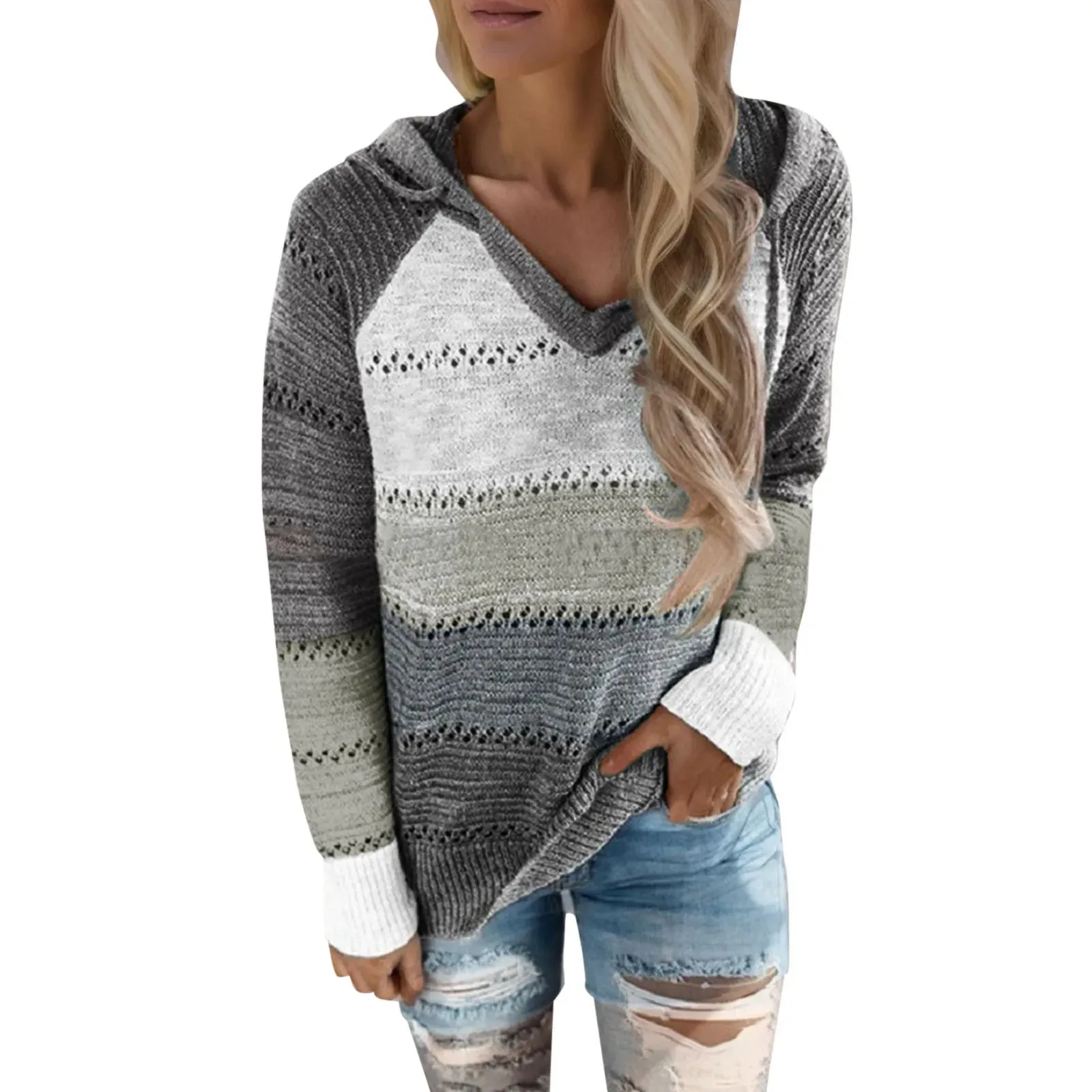 Women's Big Size Autumn Winter Hooded Sweater – Hook Flower Hollow V-Neck Knit Sweater, Fashionable All-In-One Top
