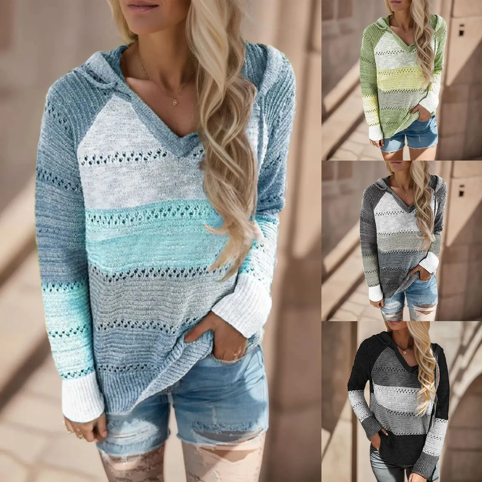 Women's Big Size Autumn Winter Hooded Sweater – Hook Flower Hollow V-Neck Knit Sweater, Fashionable All-In-One Top