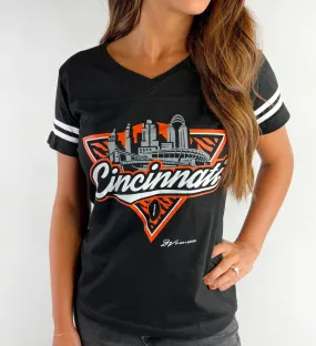 Women's Cincinnati Football Stripe V Neck Women's Cincinnati Football Stripe V Neck